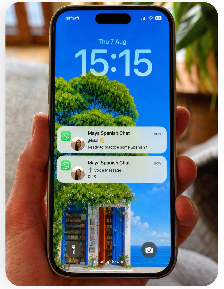 WhatsApp message and voice-note notifications from Maya on a learner's lock screen