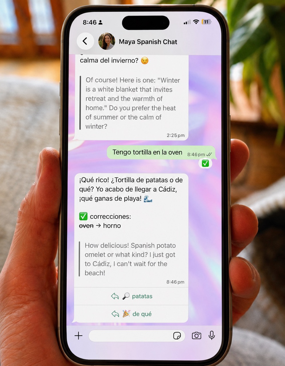 Maya correcting a learner's Spanish naturally inside WhatsApp