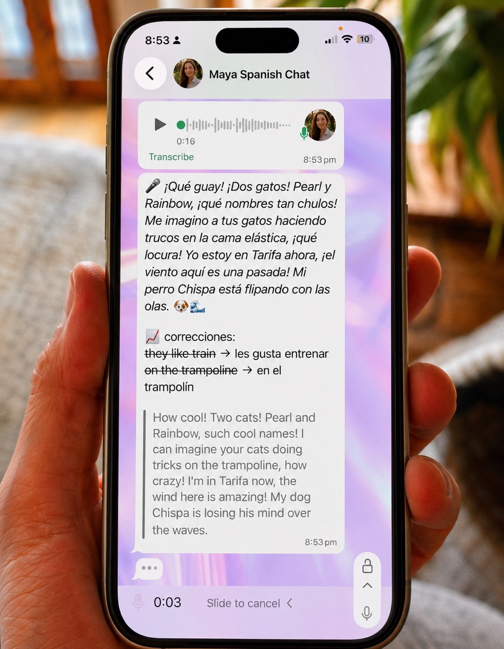 A real WhatsApp conversation with Maya using Spanish, translations, corrections, and voice notes