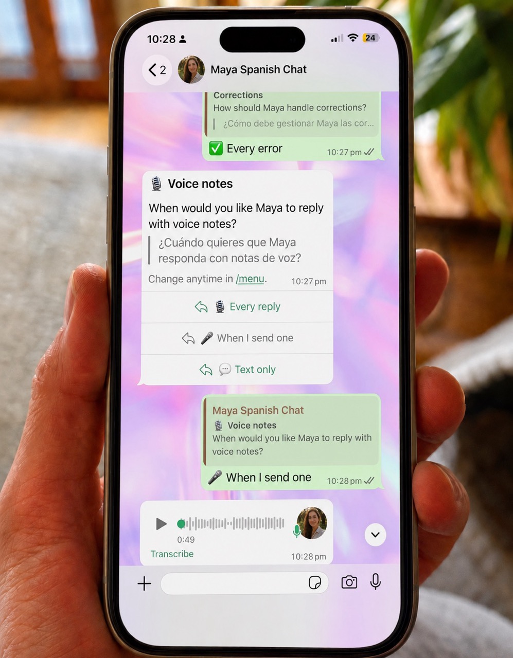 Voice-note preferences and a spoken reply from Maya in WhatsApp